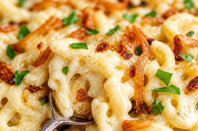 Warm bowl of comforting German Käsespätzle with cheese and caramelized onions.