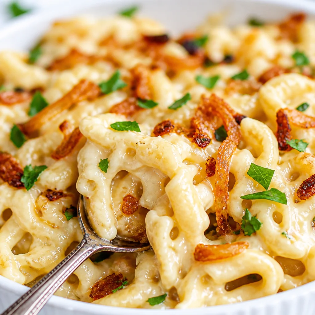 Warm bowl of comforting German Käsespätzle with cheese and caramelized onions.