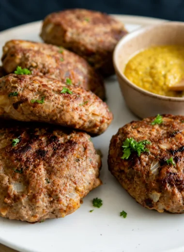 Traditional German Frikadellen, pan-fried meat patties, served with sides.