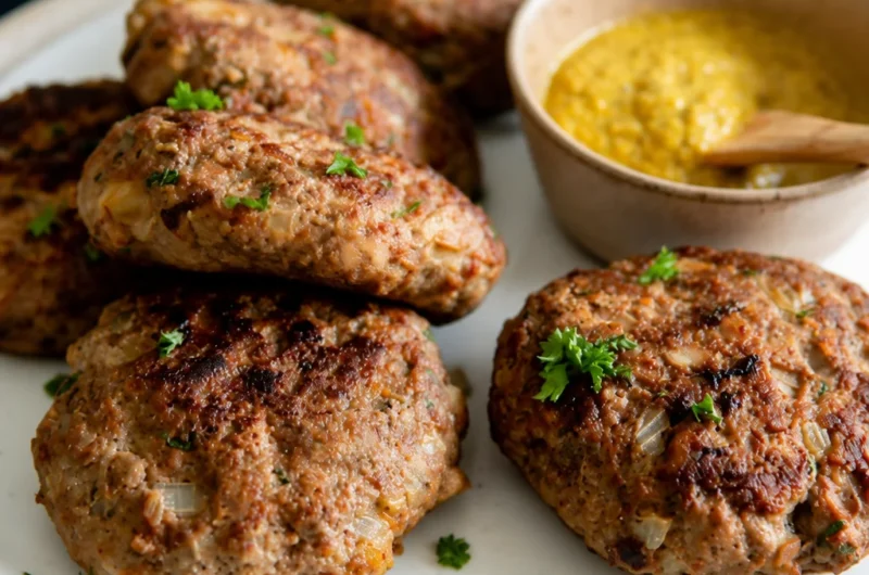 Traditional German Frikadellen, pan-fried meat patties, served with sides.