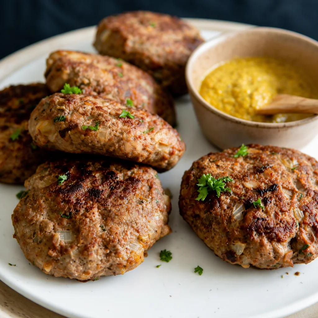 Traditional German Frikadellen, pan-fried meat patties, served with sides.