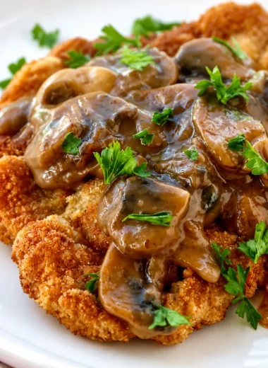 Authentic Jägerschnitzel with Creamy Mushroom Sauce served over a bed of Spätzle.