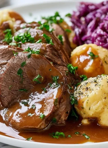 Tender sauerbraten served with red cabbage on a plate.