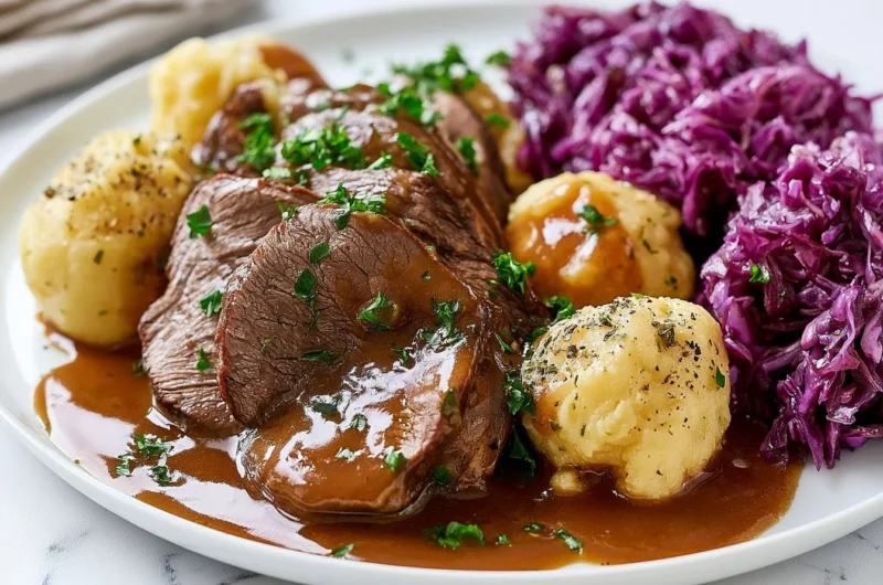 Tender sauerbraten served with red cabbage on a plate.