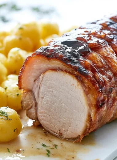 Traditional Schweinebraten, German pork roast served with sides.
