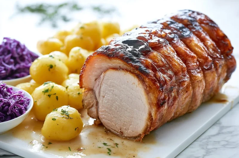 Traditional Schweinebraten, German pork roast served with sides.