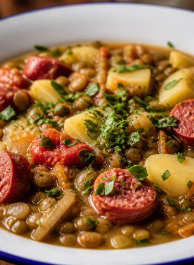 Hearty German Eintopf, a comforting one-pot vegetable and sausage stew.