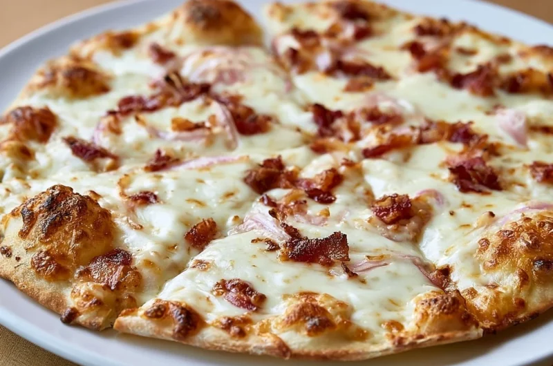 Homemade Flammkuchen topped with onions and bacon, a German Tarte Flambée dish.