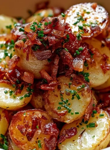 Delicious pan-fried Bratkartoffeln served with herbs and spices.