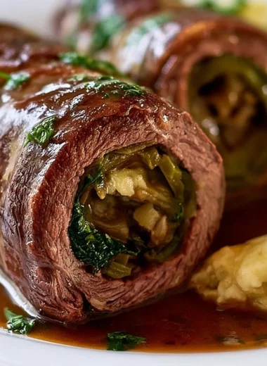 Plate of authentic German Rouladen with rich gravy and sides