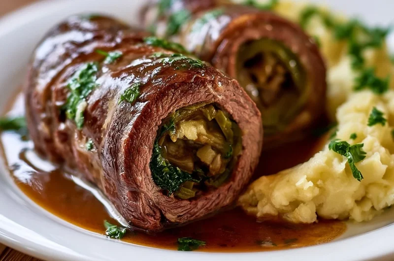 Plate of authentic German Rouladen with rich gravy and sides