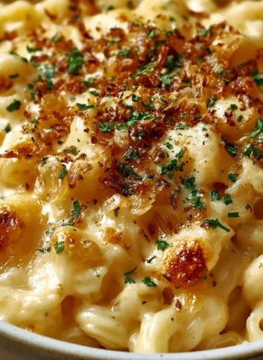 A delicious serving of authentic Käsespätzle topped with crispy onions.