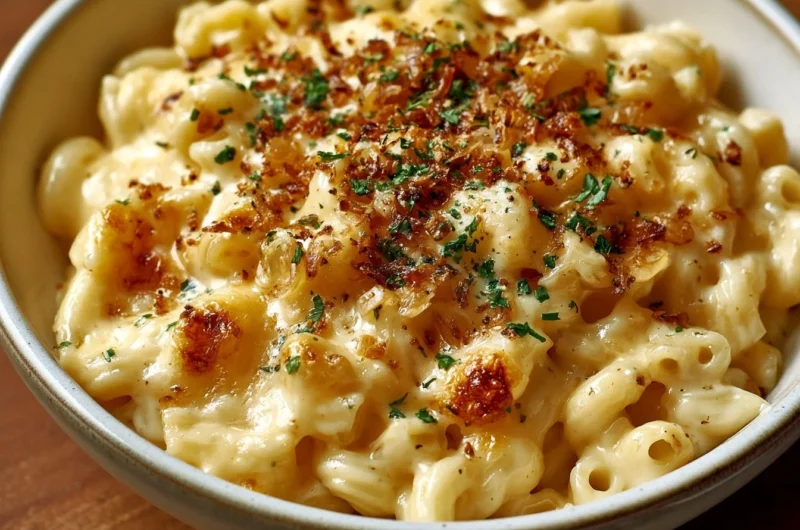 A delicious serving of authentic Käsespätzle topped with crispy onions.