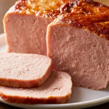 Authentic Bavarian Leberkäse on a wooden board with condiments.