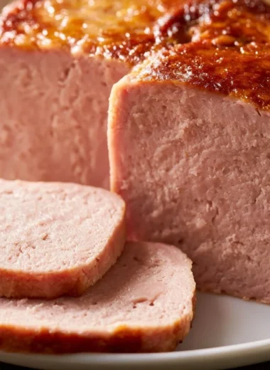 Authentic Bavarian Leberkäse on a wooden board with condiments.