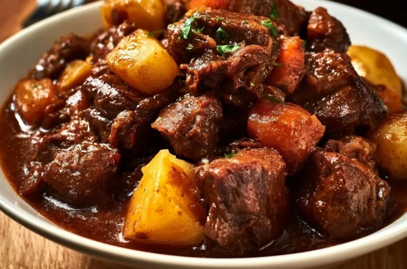 Plate of Bierfleisch served with vegetables and beer sauce.