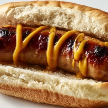 Delicious Bratwurst im Brötchen served with toppings and garnishes