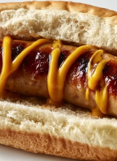 Delicious Bratwurst im Brötchen served with toppings and garnishes