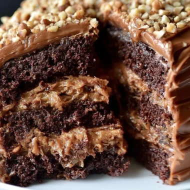 Slice of cozy German chocolate cake with coconut and pecan frosting