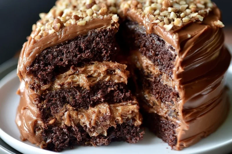 Slice of cozy German chocolate cake with coconut and pecan frosting