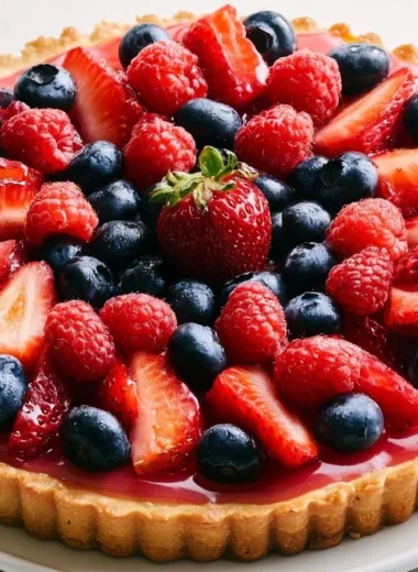 Creamy German Fruit Flan topped with fresh fruits and custard