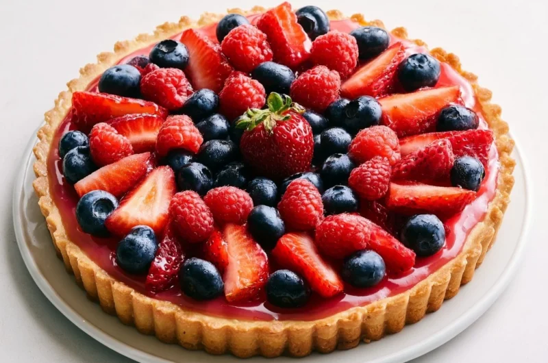 Creamy German Fruit Flan topped with fresh fruits and custard