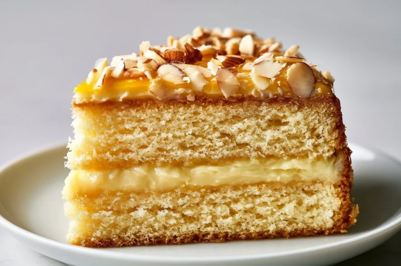 Delicious German Bee Sting Cake with honey, cream, and almond topping served on a cozy evening.