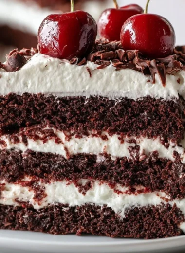 Delicious German Black Forest Cake topped with cherries and whipped cream.