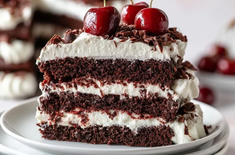 Delicious German Black Forest Cake topped with cherries and whipped cream.