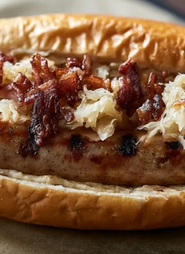Delicious German Bratwurst served with traditional Sauerkraut on a plate.