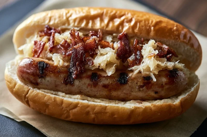 Delicious German Bratwurst served with traditional Sauerkraut on a plate.