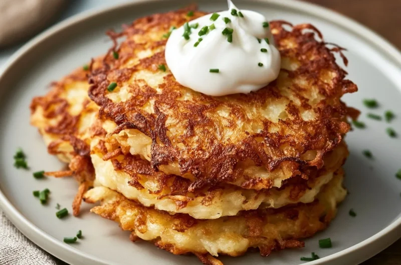 Plate of golden German potato pancakes served with applesauce