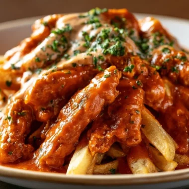Homemade currywurst served with curry sauce and fries on a plate