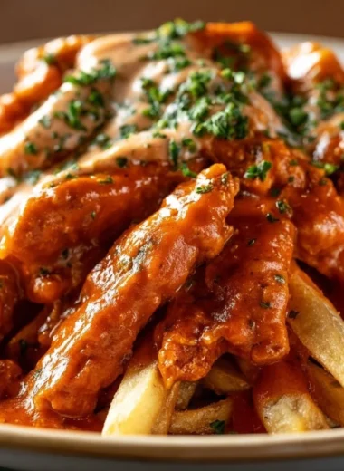 Homemade currywurst served with curry sauce and fries on a plate