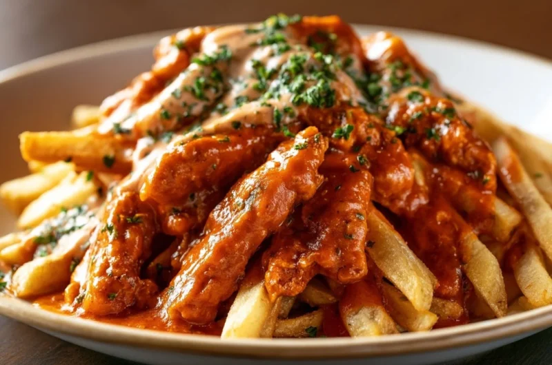 Homemade currywurst served with curry sauce and fries on a plate