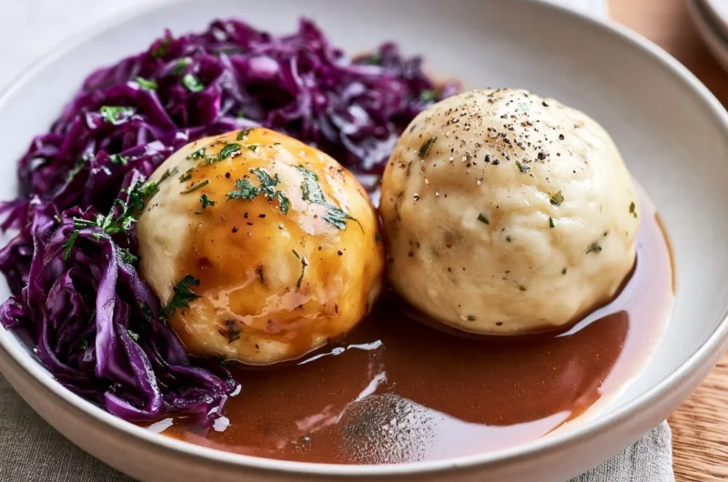 Traditional German Kartoffelklöße served with gravy and herbs