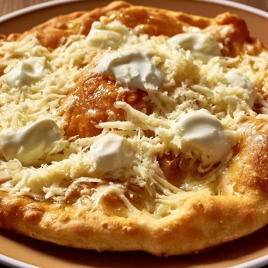 Traditional Hungarian Lángos topped with sour cream and cheese