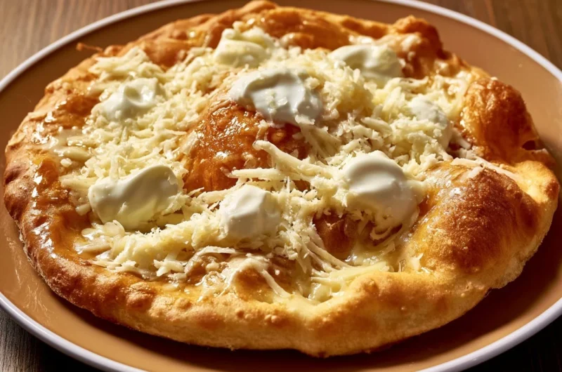 Traditional Hungarian Lángos topped with sour cream and cheese