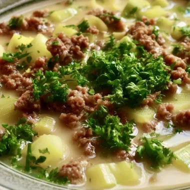 Creamy Lauchsuppe with ground meat and leeks in a bowl