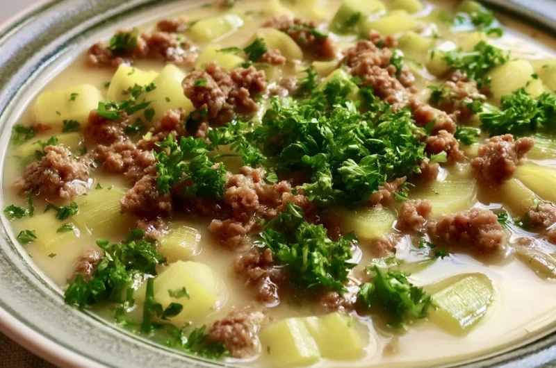Creamy Lauchsuppe with ground meat and leeks in a bowl