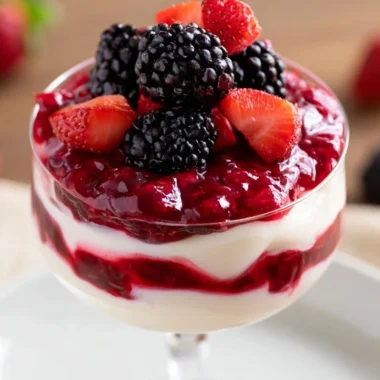 Delicious bowl of Rote Grütze, a traditional German berry dessert.