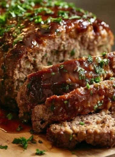 Traditional German Meatloaf (Hackbraten) served with sides and garnishes.