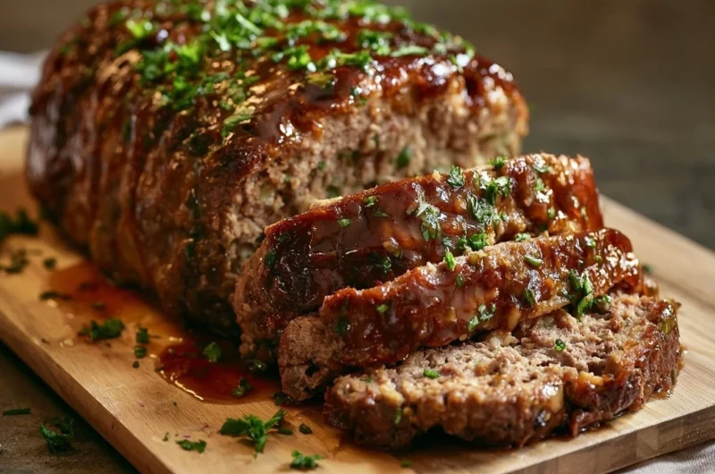 Traditional German Meatloaf (Hackbraten) served with sides and garnishes.