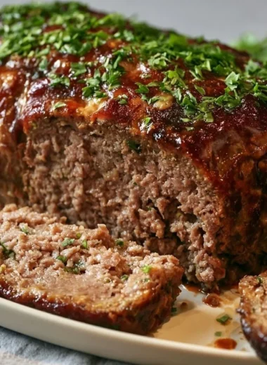 Traditional German Meatloaf (Hackbraten) served with garnish on a plate