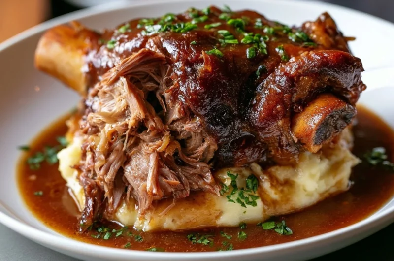 Traditional German Pork Knuckle served with crispy skin and savory sides