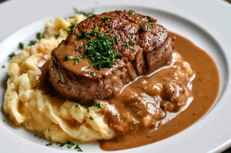 Delicious traditional Rahmschnitzel served with creamy sauce and herbs