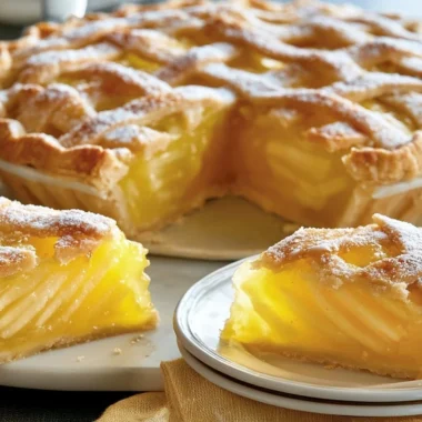 Slice of traditional Rhenish Apple Cake (Apfelriemchen) with fresh apples and spices.