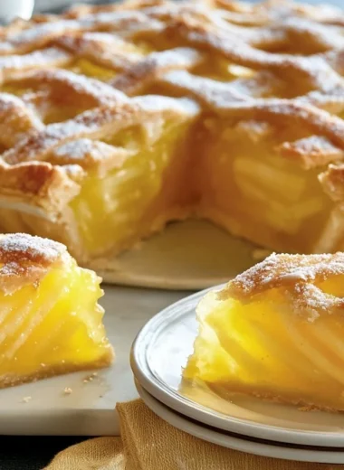 Slice of traditional Rhenish Apple Cake (Apfelriemchen) with fresh apples and spices.