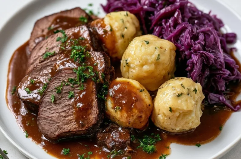 Delicious traditional Sauerbraten served with dumplings and gravy