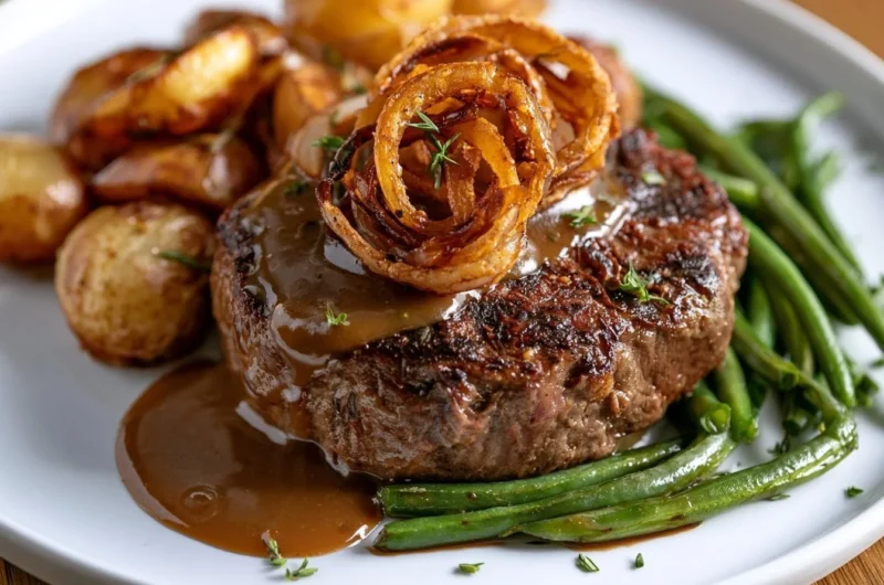 Traditional German Zwiebelrostbraten with onions and beef served on a plate